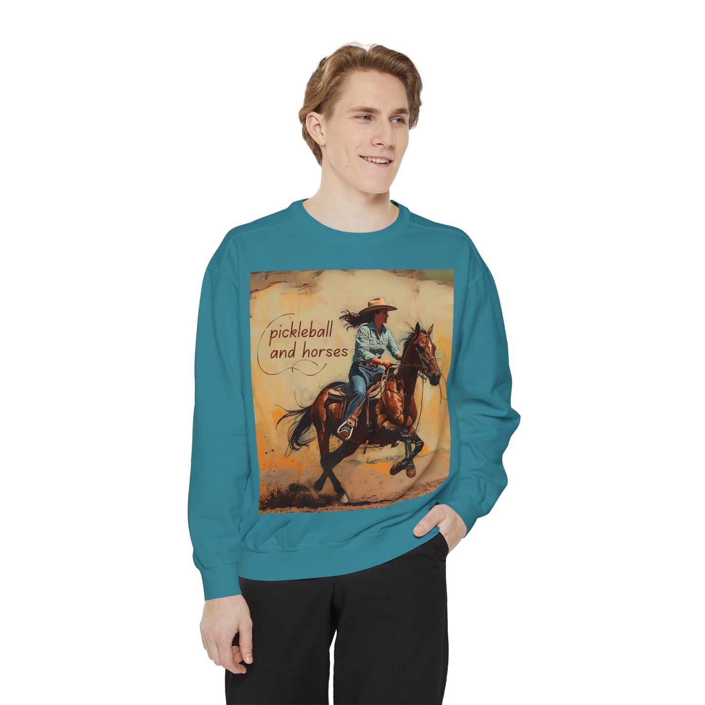 Pickleball and Horses – Unisex Cozy Pickleball Sweatshirt